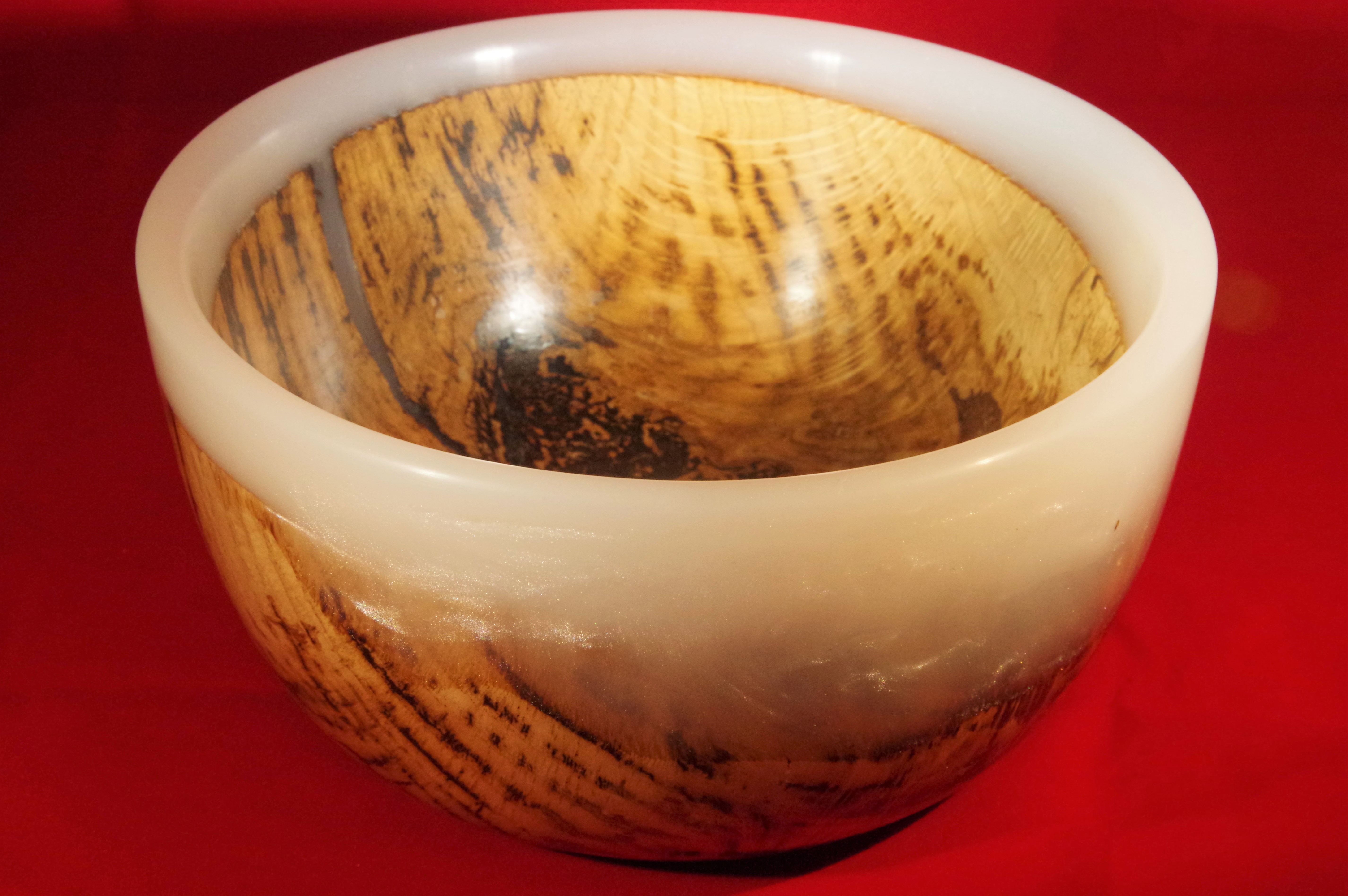 Large white resin and oak bowl